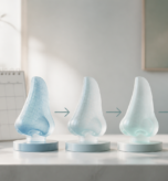 Rhinoplasty recovery timeline shown with staged anatomical nose models and a calendar