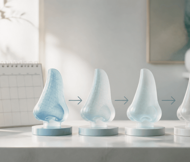 Rhinoplasty recovery timeline shown with staged anatomical nose models and a calendar