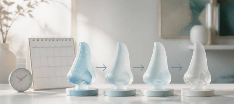 Rhinoplasty recovery timeline shown with staged anatomical nose models and a calendar