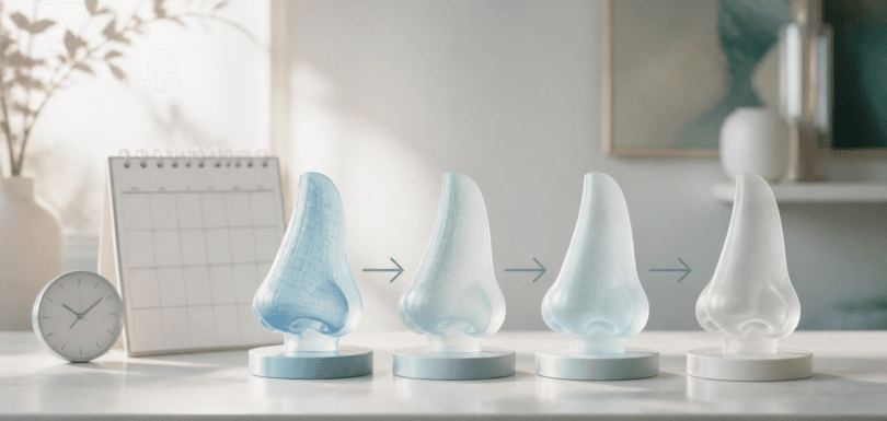 Rhinoplasty recovery timeline shown with staged anatomical nose models and a calendar