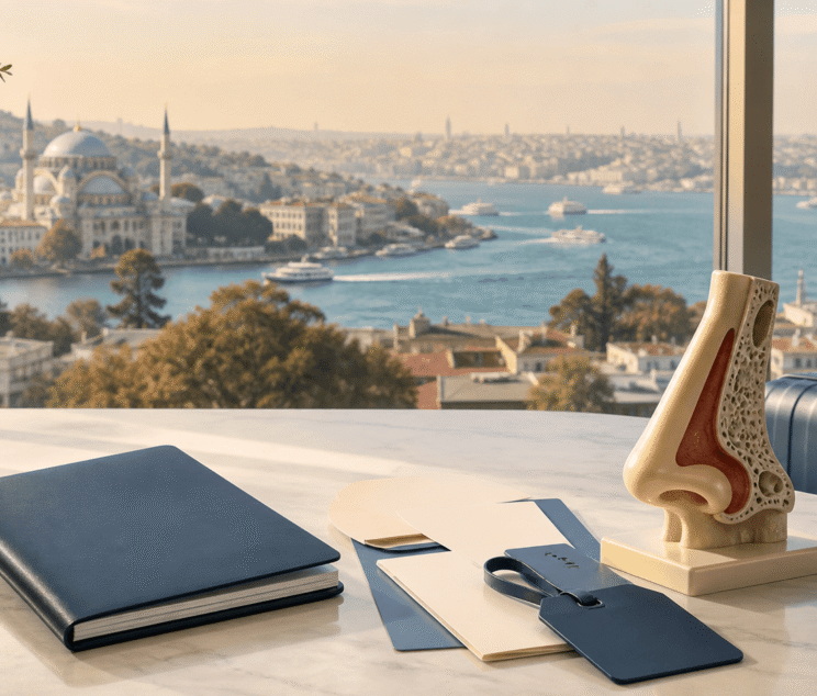 Travel planning for rhinoplasty in Istanbul with luggage and an anatomical nose model