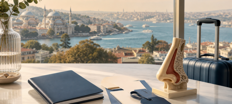 Travel planning for rhinoplasty in Istanbul with luggage and an anatomical nose model