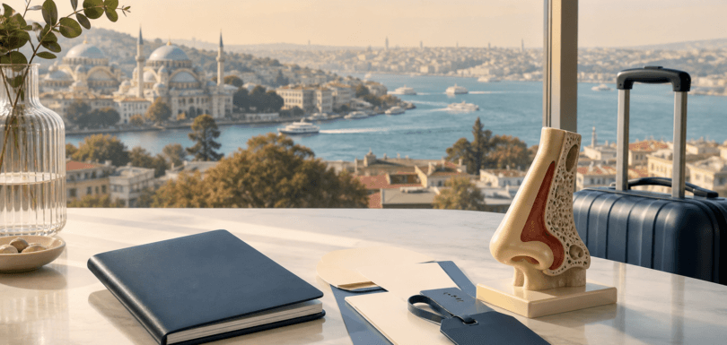 Travel planning for rhinoplasty in Istanbul with luggage and an anatomical nose model
