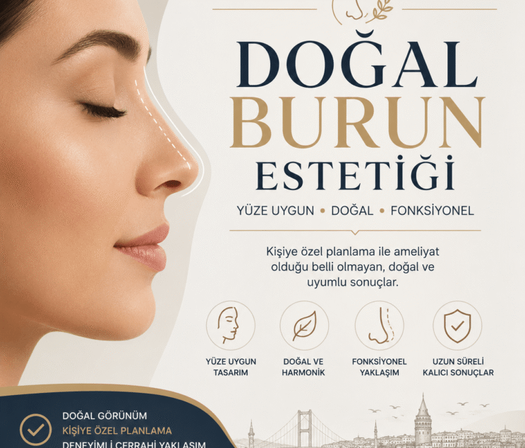 Doğal burun estetiği ve yüze uygun burun tasarımını anlatan, doğal rinoplasti yaklaşımını vurgulayan blog görseli.
