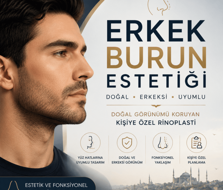 Erkek burun estetiği, doğal ve erkeksi yüz hatlarını koruyan rinoplasti yaklaşımını anlatan blog görseli.